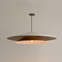 BOOMERANG - Suspension luminaire en coton blanc et effet bois - Ø75 cm