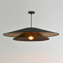 BOOMERANG - Suspension luminaire en coton noir et effet bois - Ø75 cm