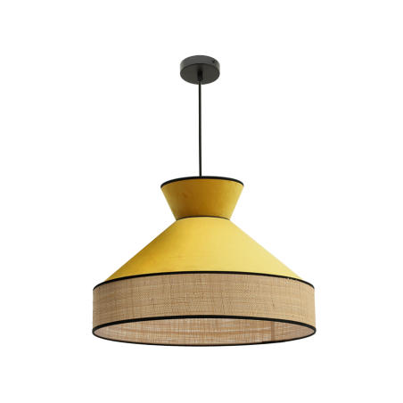 Suspension luminaire jaune moutarde velours et rotin 52 cm