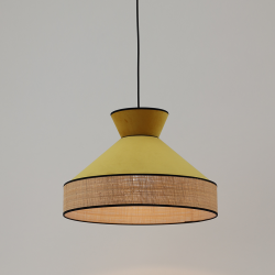 GATSBY - Suspension luminaire jaune moutarde en velours et rotin - Ø52 cm