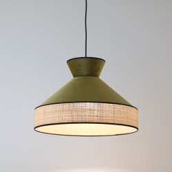 GATSBY - Suspension luminaire en velours vert olive et rotin - Ø52 cm