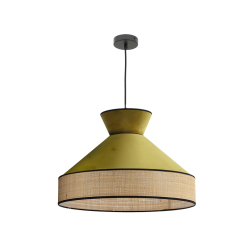 Suspension luminaire velours vert olive et rotin 52 cm