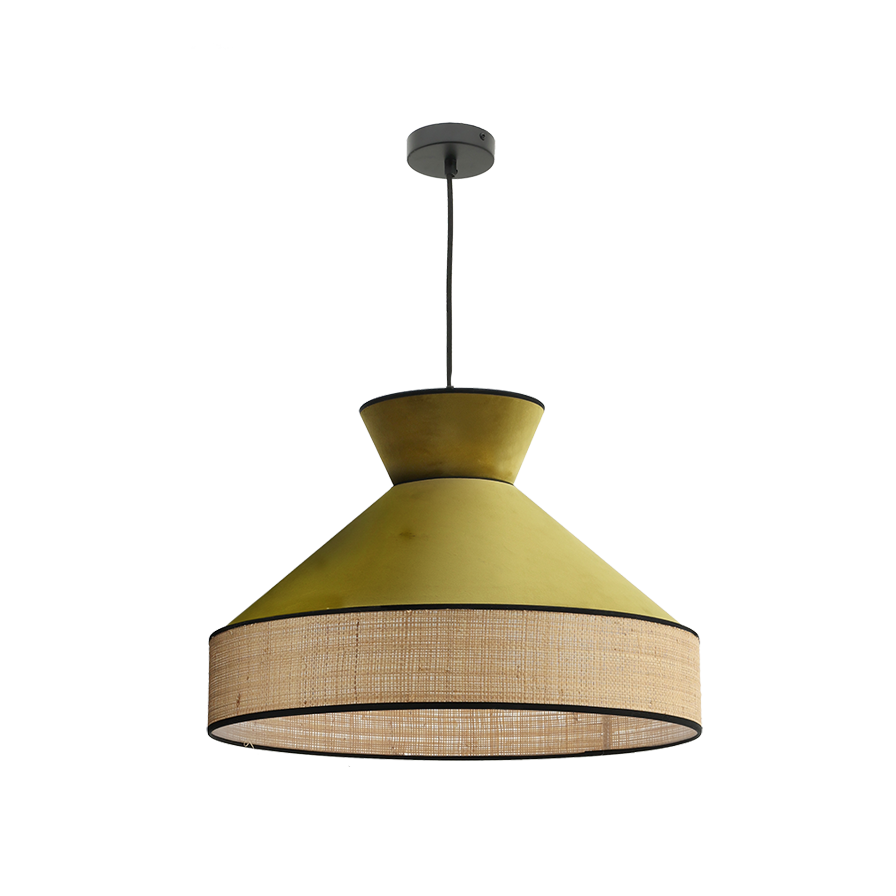 Suspension luminaire velours vert olive et rotin 52 cm