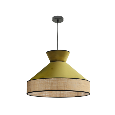 Suspension luminaire velours vert olive et rotin 52 cm