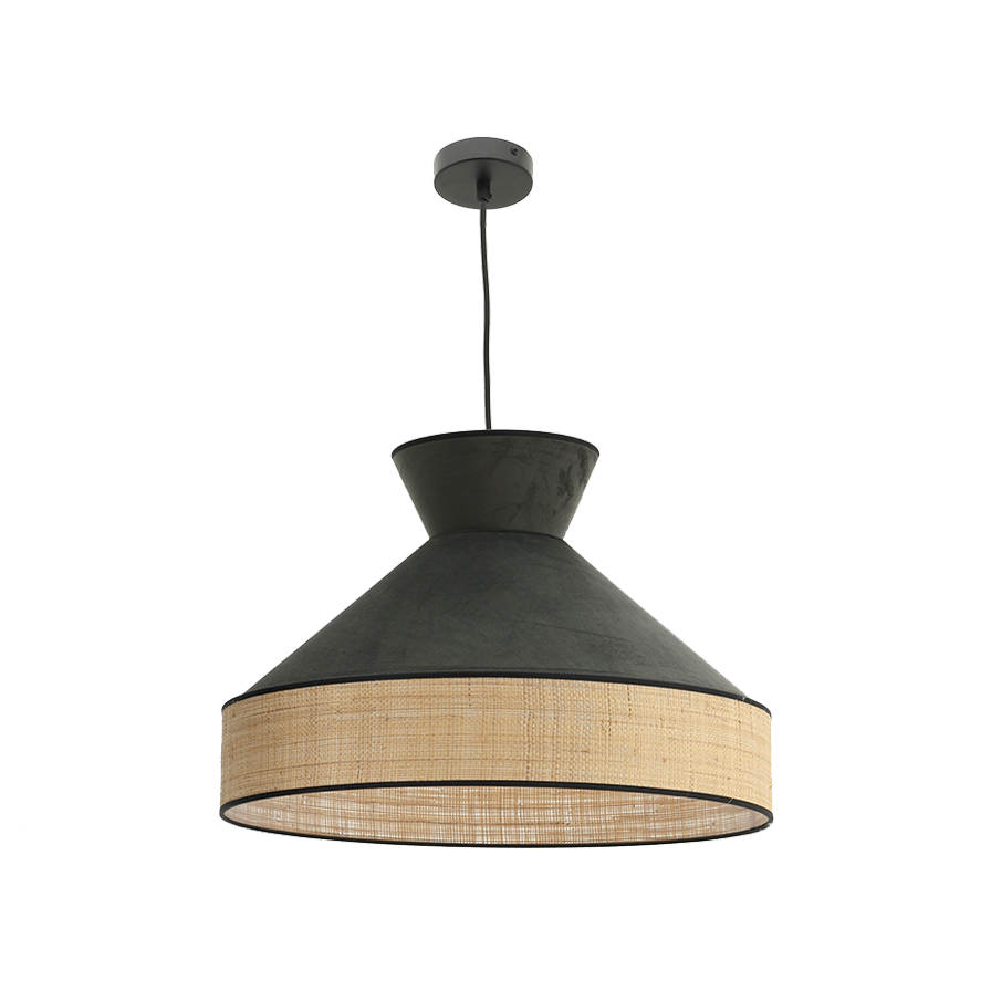 Suspension luminaire velours gris anthracite et rotin 52 cm