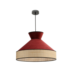 Suspension luminaire velours rouge bordeaux et rotin 52 cm