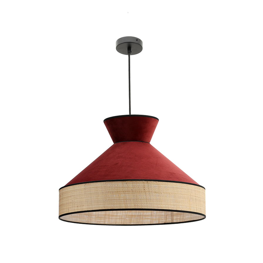 Suspension luminaire velours rouge bordeaux et rotin 52 cm