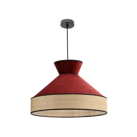 Suspension luminaire velours rouge bordeaux et rotin 52 cm