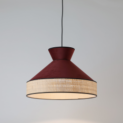 GATSBY - Suspension luminaire en velours rouge bordeaux et rotin - Ø52 cm