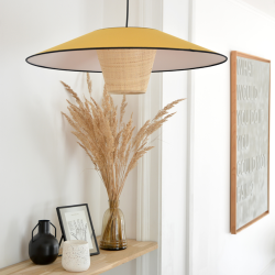 AZARA - Suspension luminaire en coton jaune moutarde et rotin - Ø58 cm