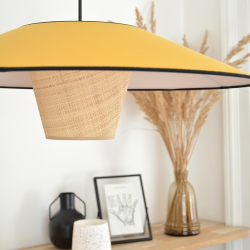 AZARA - Suspension luminaire en coton jaune moutarde et rotin - Ø58 cm