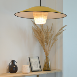 AZARA - Suspension luminaire en coton jaune moutarde et rotin - Ø58 cm