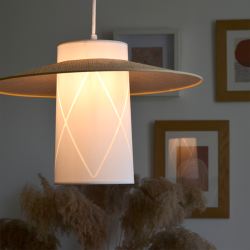 ALBANE - Suspension luminaire blanche en coton et rotin - Ø30 cm