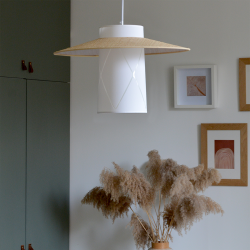 ALBANE - Suspension luminaire blanche en coton et rotin - Ø30 cm