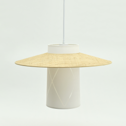 ALBANE - Suspension luminaire blanche en coton et rotin - Ø30 cm