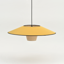 AZARA - Suspension luminaire en coton jaune moutarde et rotin - Ø58 cm