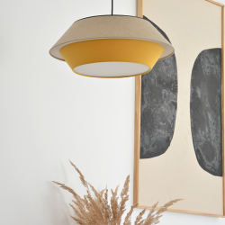 SANCHO - Suspension luminaire jaune moutarde en tissu et lin - Ø48 cm