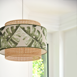 LOVINA - Suspension luminaire en rotin et lin à motif jungle - Ø40 cm