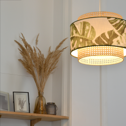 LOVINA - Suspension luminaire en rotin et lin à motif jungle - Ø40 cm