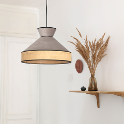 GATSBY - Suspension luminaire en velours gris et rotin - Ø52 cm