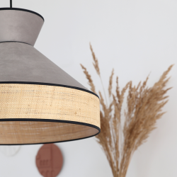 GATSBY - Suspension luminaire en velours gris et rotin - Ø52 cm