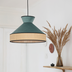 GATSBY - Suspension luminaire en velours vert sauge et rotin - Ø52 cm