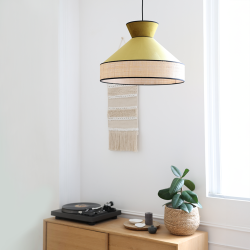 GATSBY - Suspension luminaire en velours vert olive et rotin - Ø52 cm