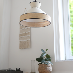 GATSBY - Suspension luminaire en velours blanc et rotin - Ø52 cm