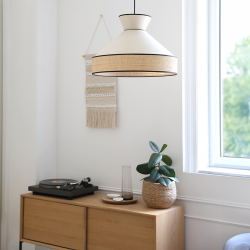 GATSBY - Suspension luminaire en velours blanc et rotin - Ø52 cm