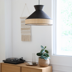 GATSBY - Suspension luminaire en velours gris anthracite et rotin - Ø52 cm